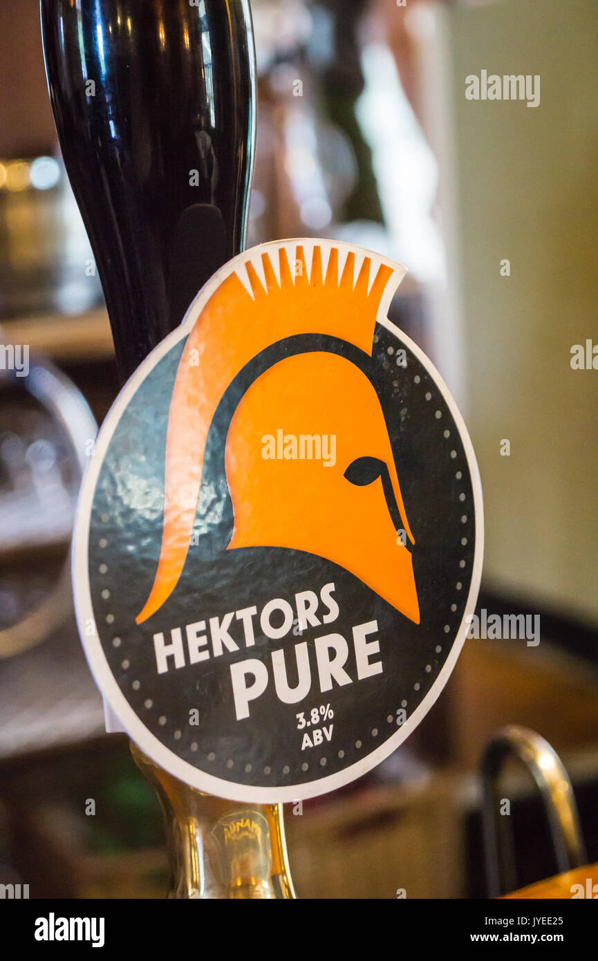 Hektors Pure real ale pump clip, Adnams' Ship Inn, Dunwich, Suffolk, England Stock Photo