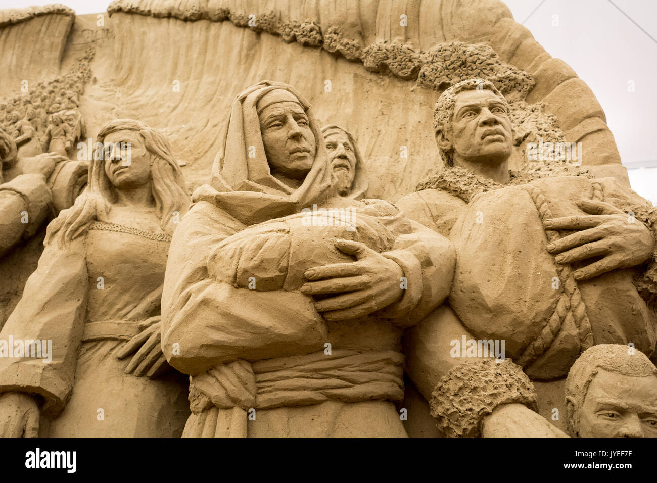 Jesolo lido, Italia: Sand Nativity 2016, wonderful sand scultures depicting the sacred family and the exodus of the bible; Details Stock Photo