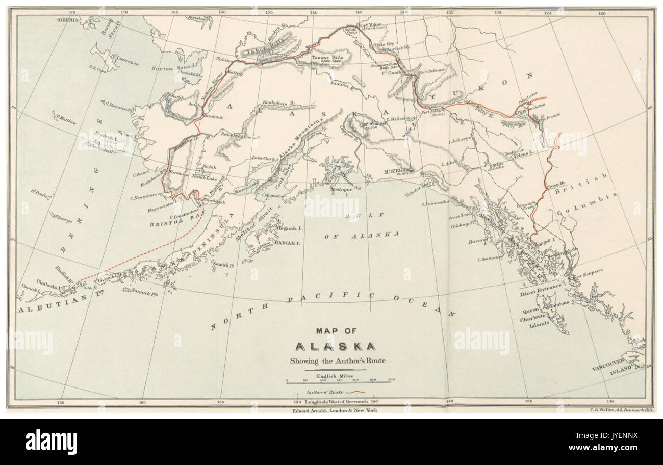 PIKE(1896) Map of Alaska showing the Author's Route Stock Photo