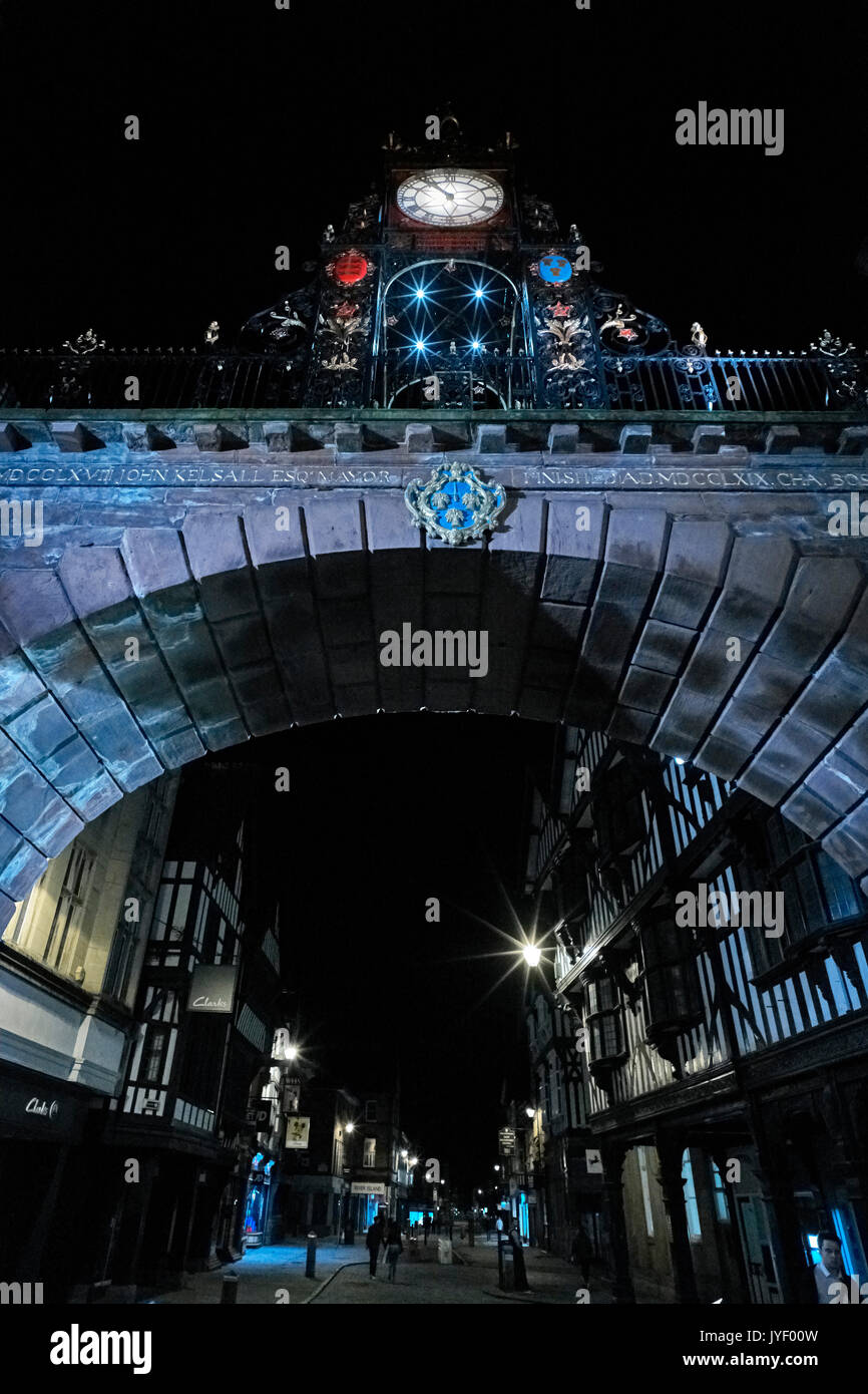 Clock and bridge in Chester at night Stock Photo