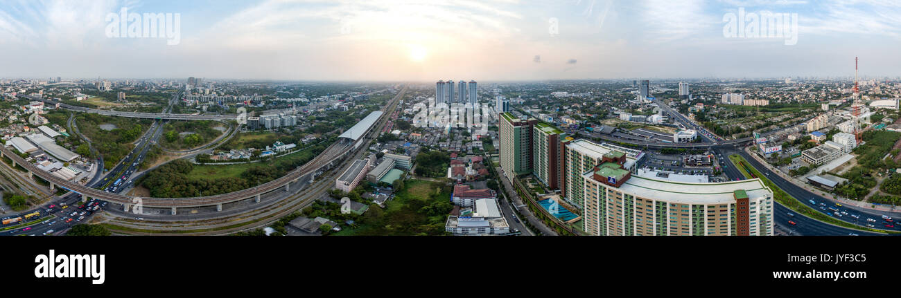 360° panorama Bangkok Motorway to Suvarnabhumi Airport, Srinakarin, Pattanakarn Aerial Photography Stock Photo