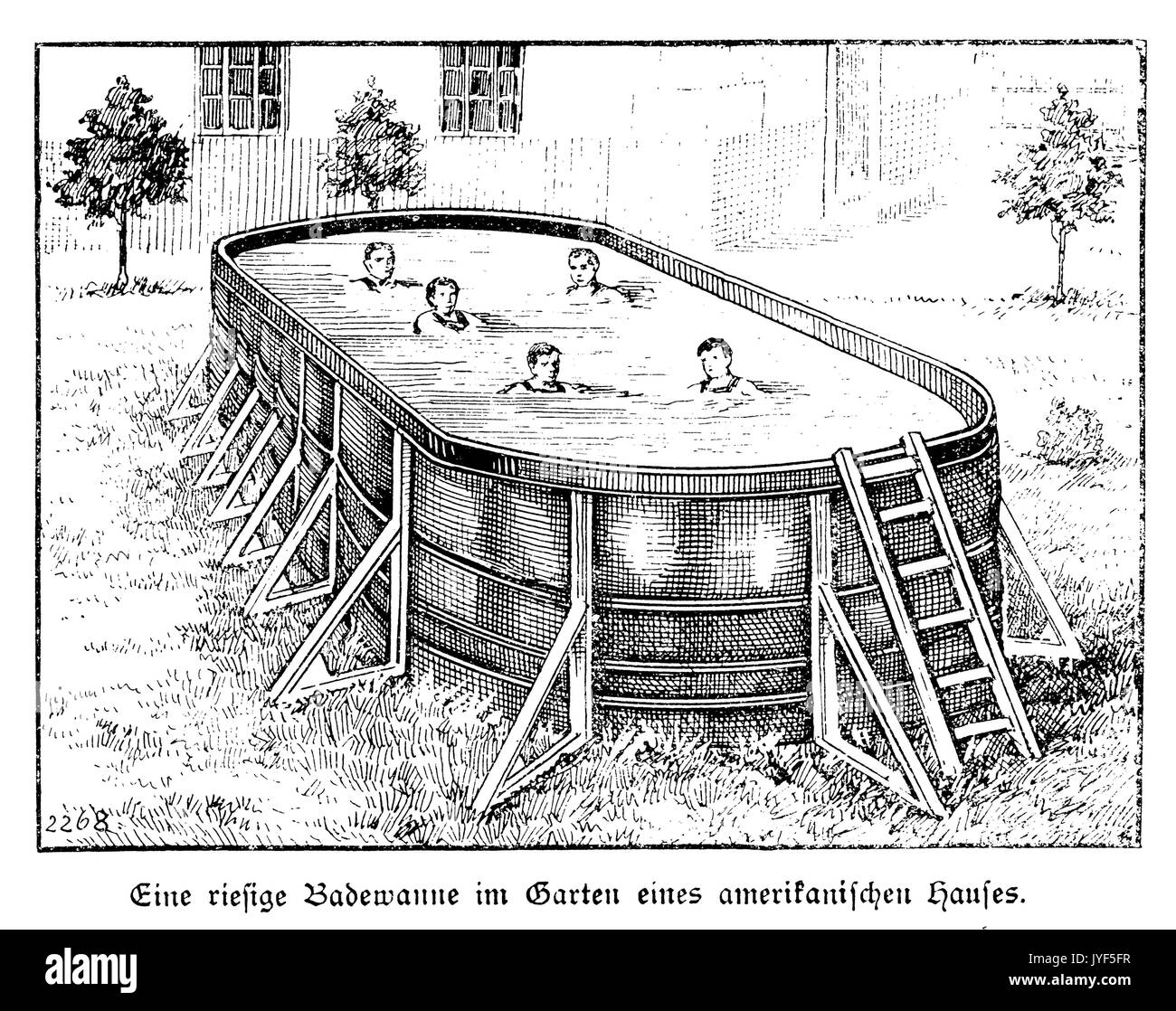 Swimming pool., Early presentation. Original caption: 'A huge bathtub in the garden of an American house''' Stock Photo