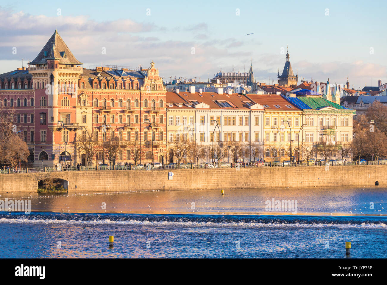 View of  the Vltava (Moldava) river framed by historical buildings Prague Czech Republic Europe Stock Photo