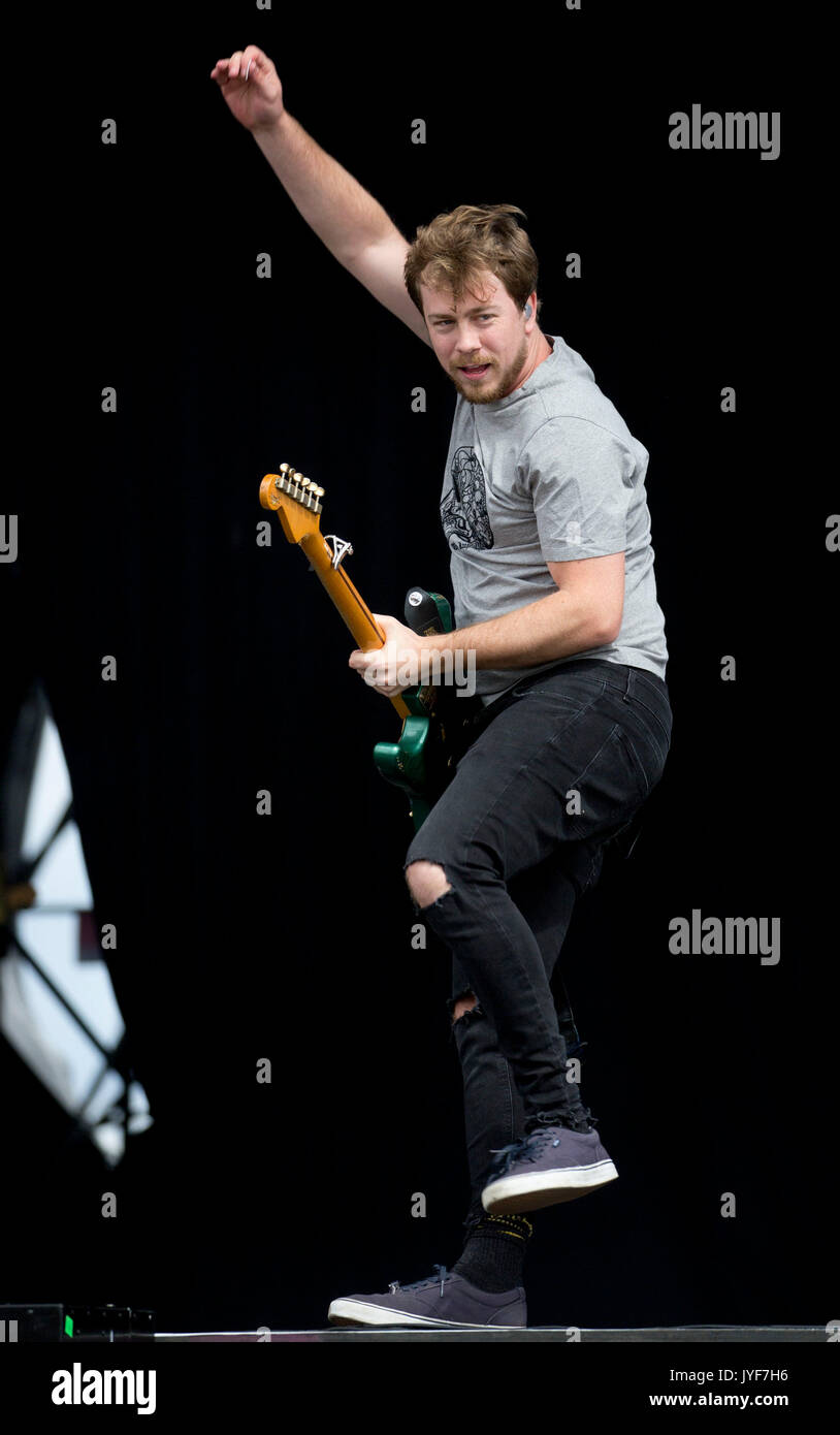 James Bourne of Busted performs on the Supervene Stage during V Festival at Hylands Park, Chelmsford. Stock Photo