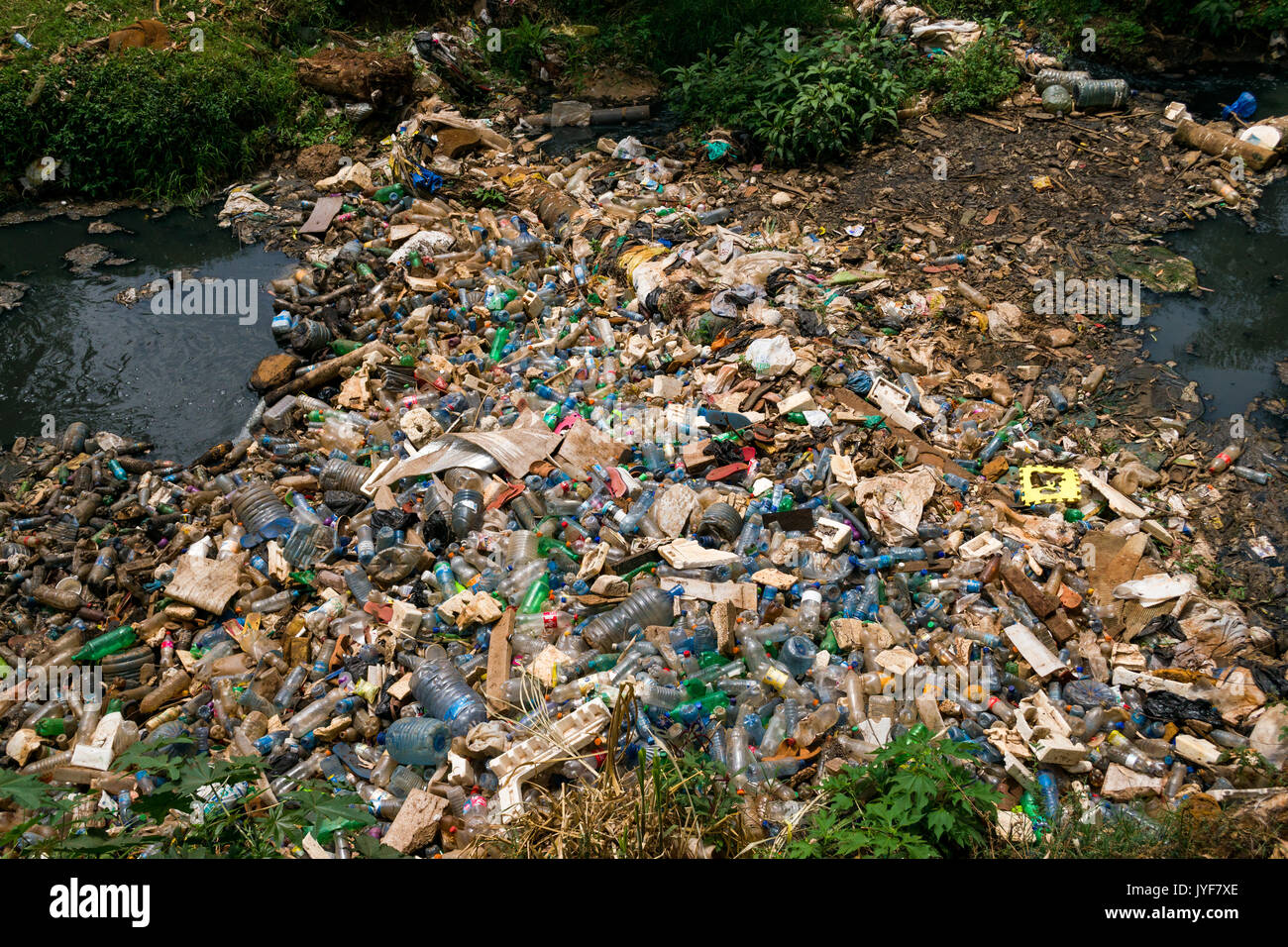 Plastic bottles and other waste rubbish blocking Nairobi river, Kenya