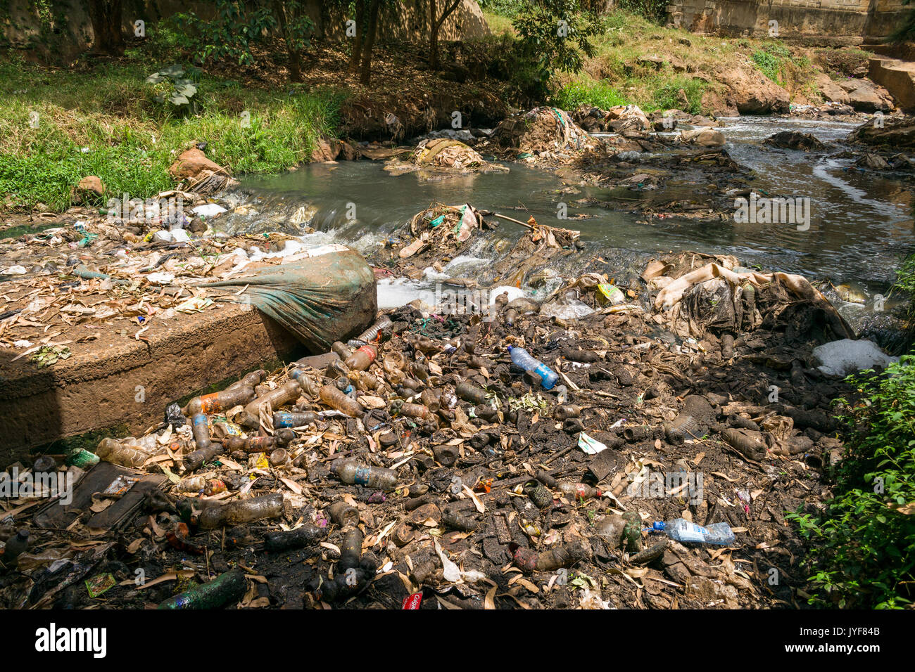 Plastic bottles and other waste rubbish blocking Nairobi river, Kenya