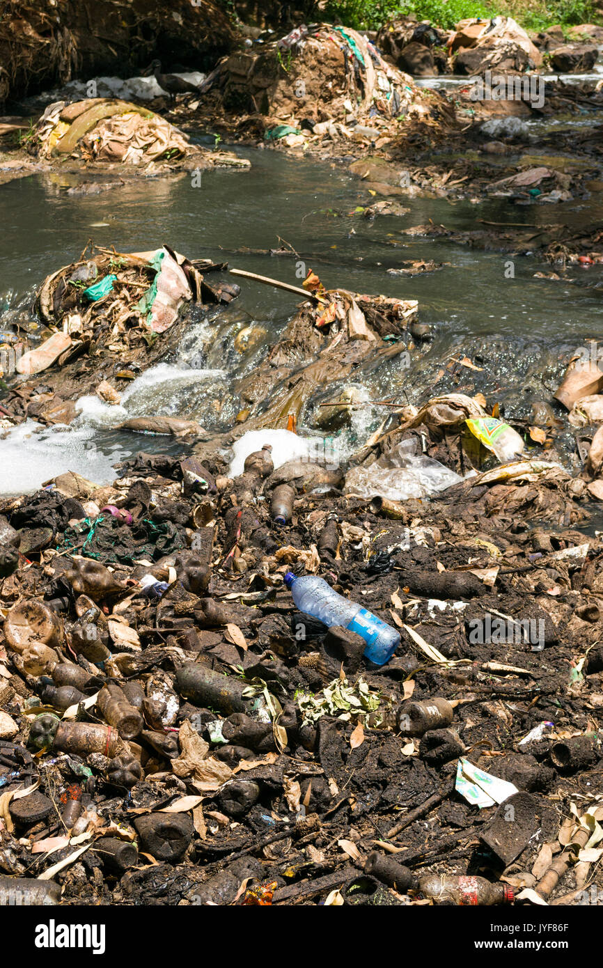 Plastic bottles and other waste rubbish blocking Nairobi river, Kenya