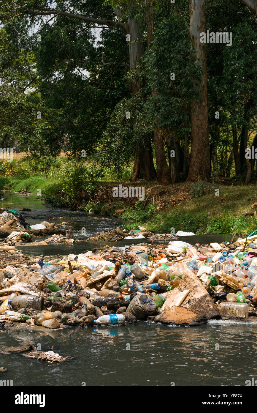 Plastic bottles and other waste rubbish blocking Nairobi river, Kenya