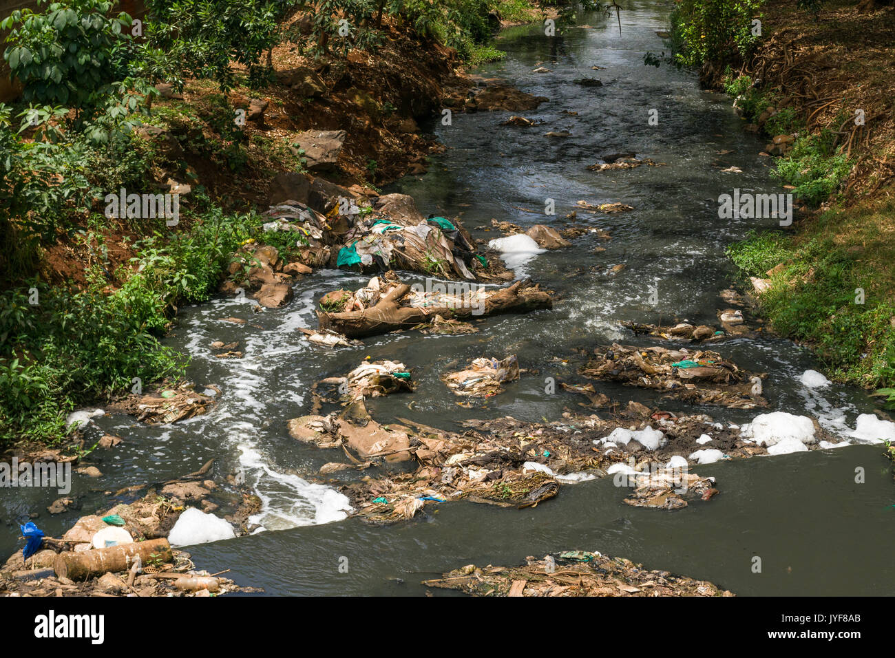Plastic bottles and other waste rubbish blocking Nairobi river, Kenya