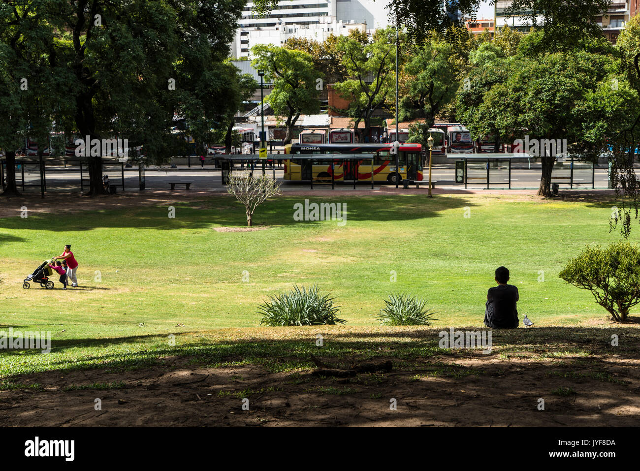 Barrancas de Belgrano Park, in front of the Belgrano C Train station and Bus stop hub Stock Photo