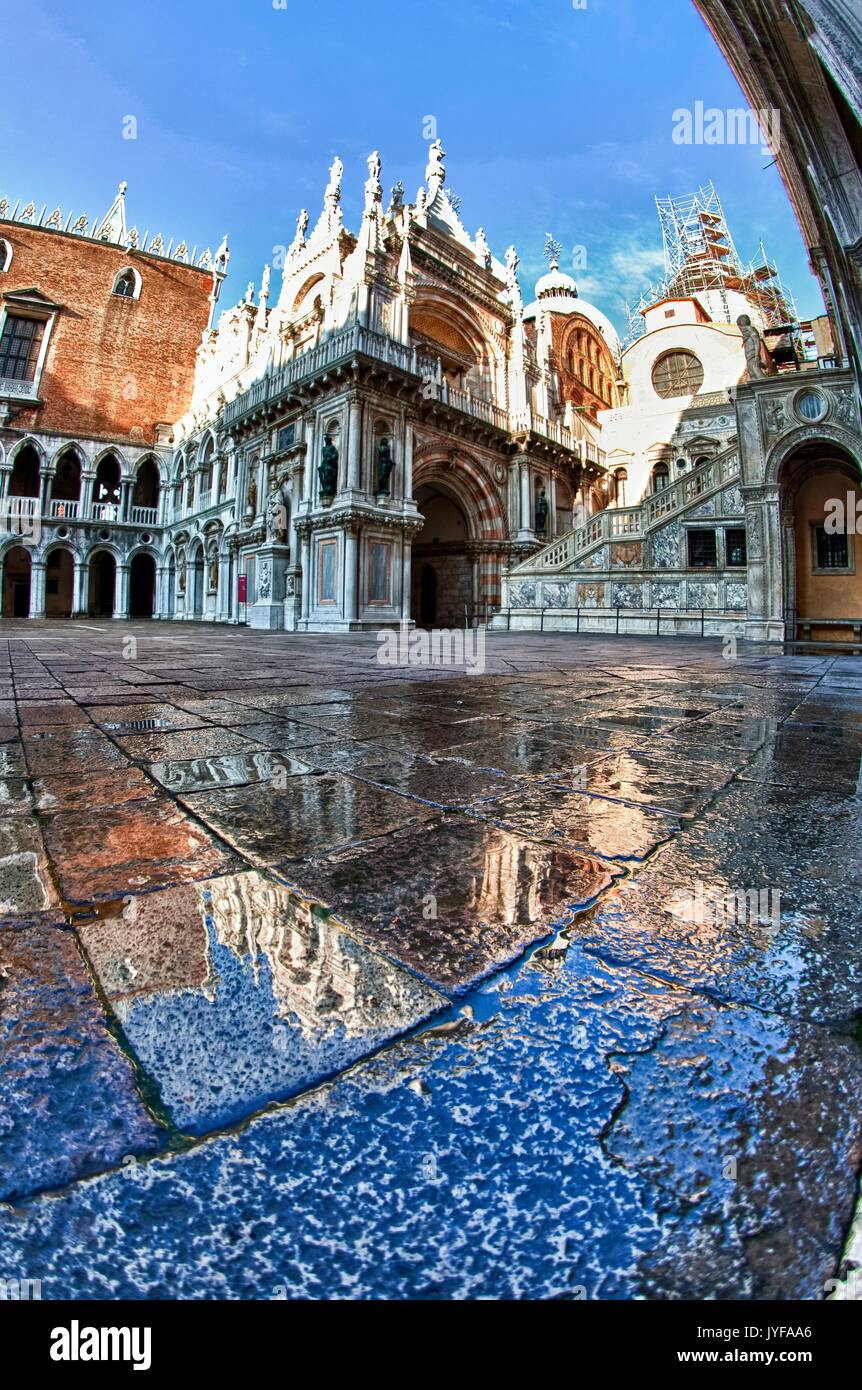 The magnificent Doge's Palace reflecting in some small pools in its inner court. It is one of the most important buildings in Venice. It was the cente Stock Photo