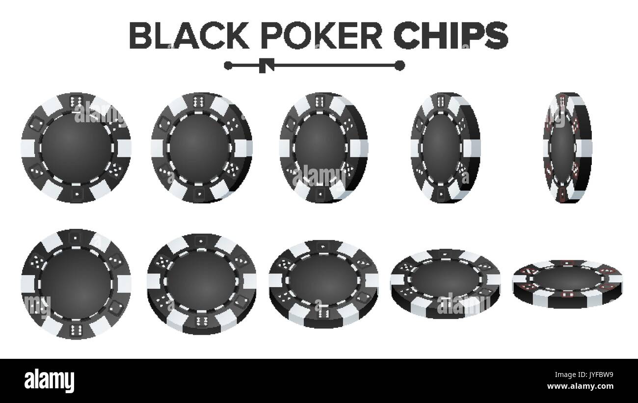 Black Poker Chips Vector. Realistic Set. Plastic Round Poker Game Chips Sign Isolated On White. Flip Different Angles. Big Win, Success Concept Illustration. Stock Vector