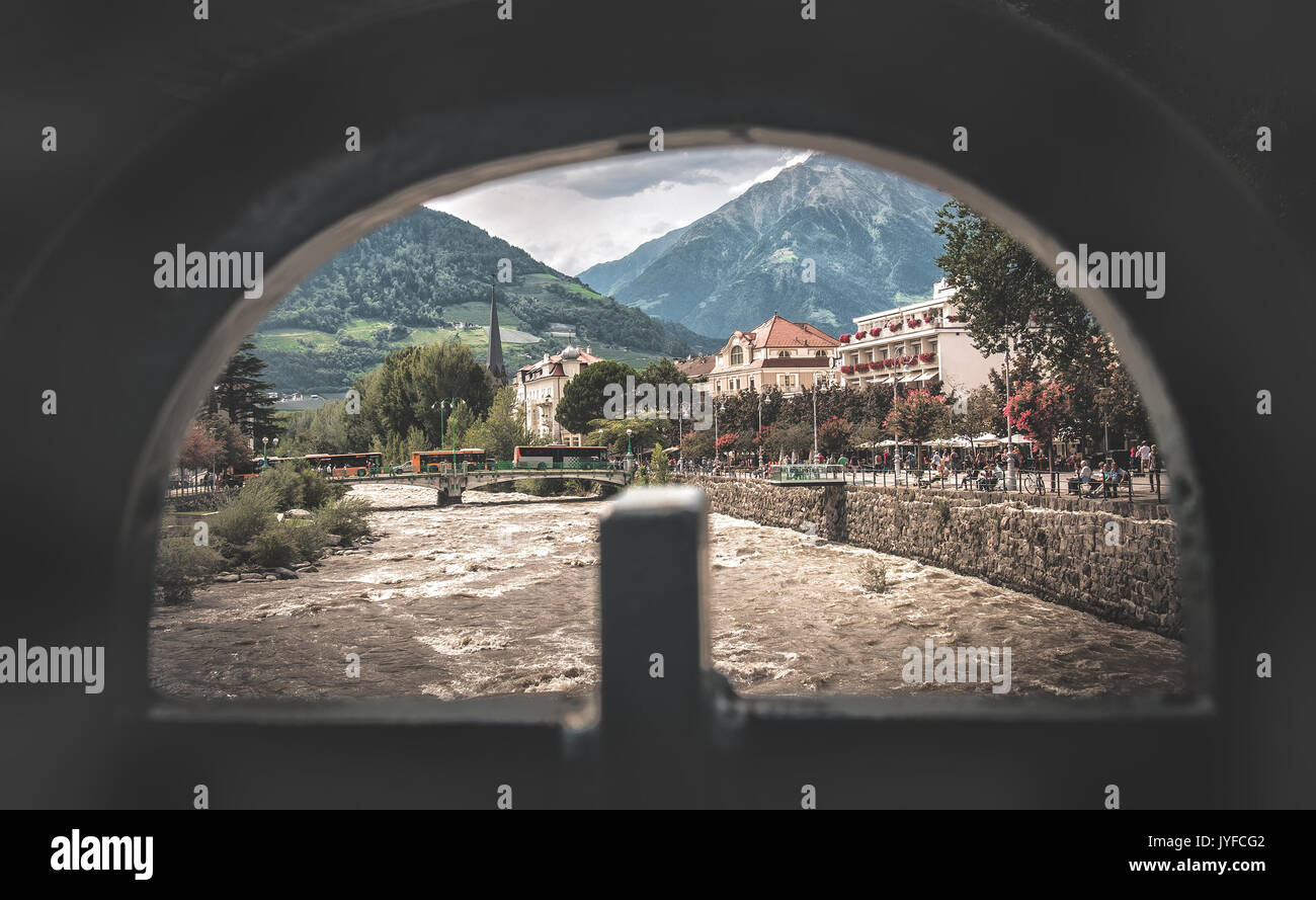 Meran view from a hole of the Passirio river in Merano Stock Photo