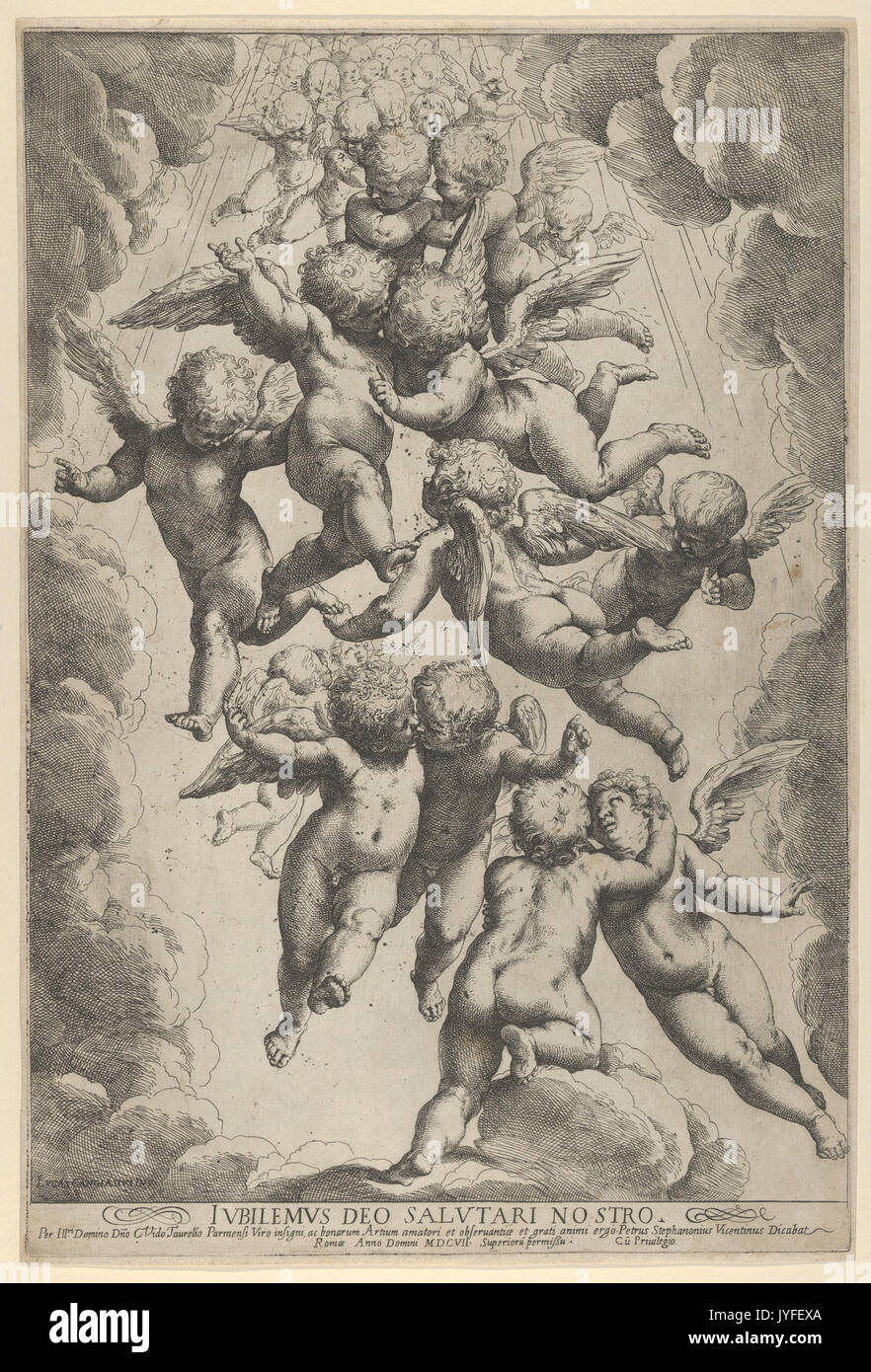 Multiple Angels Flying A group of angels embracing in flight, framed by clouds MET DP838026 ...