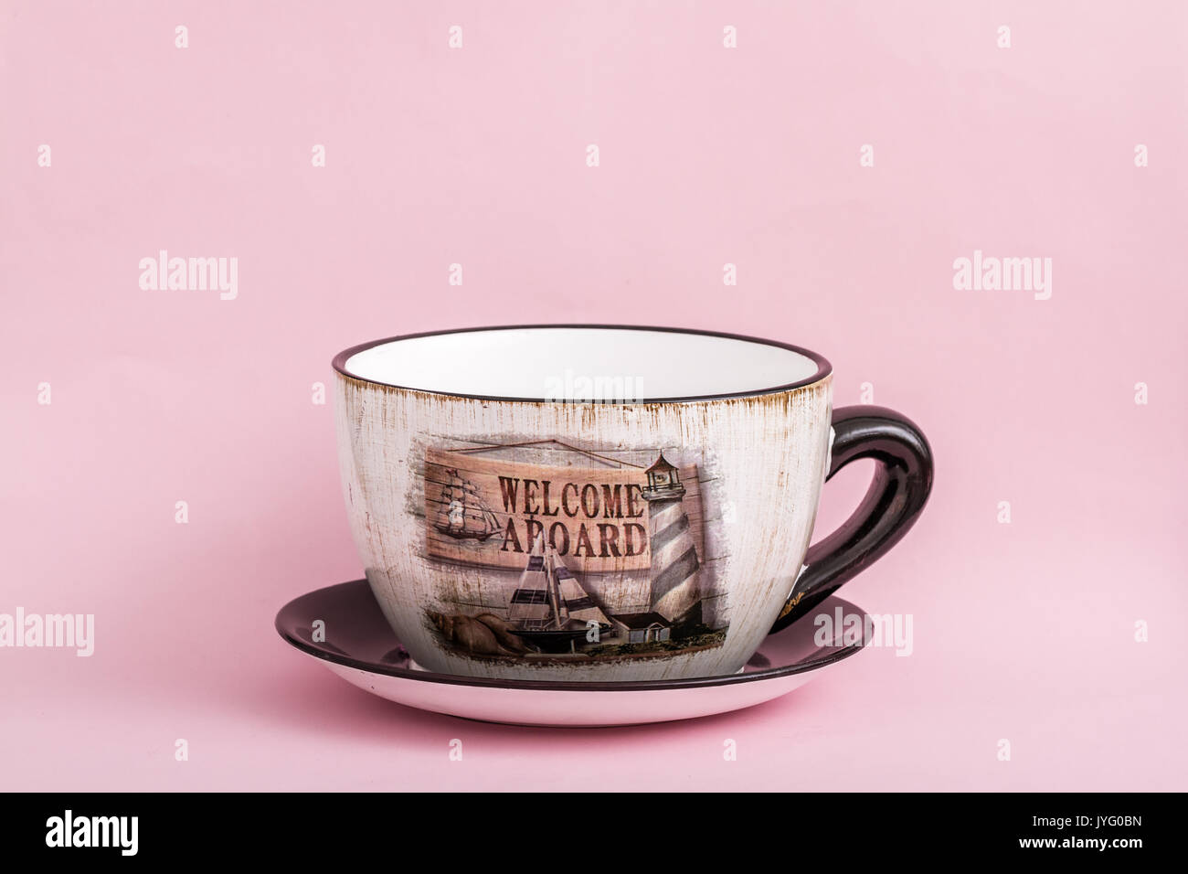 Decorative empty flowerpot on pink background Stock Photo