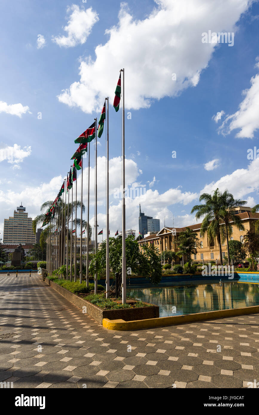 Kenyatta International Convention Centre square with Kenyan flags, Nairobi, Kenya Stock Photo