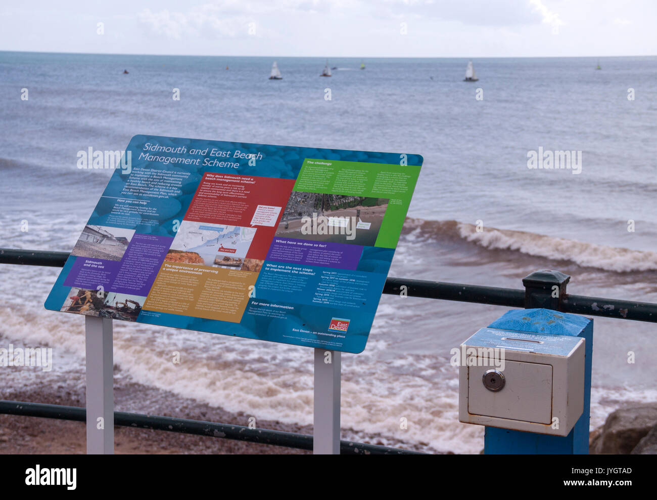 Sidmouth, 19th Aug 17 A council scheme to raise funds for beach management in Sidmouth, Devon has backfired. The collection box and information board that cost £1,400 has collected only £100 in the four months following it being fitted to the seafront location in April. East Devon District Council needs to find £3.3 miillion to reach its beach management target. Credit: Photo Central / Alamy Live News Stock Photo