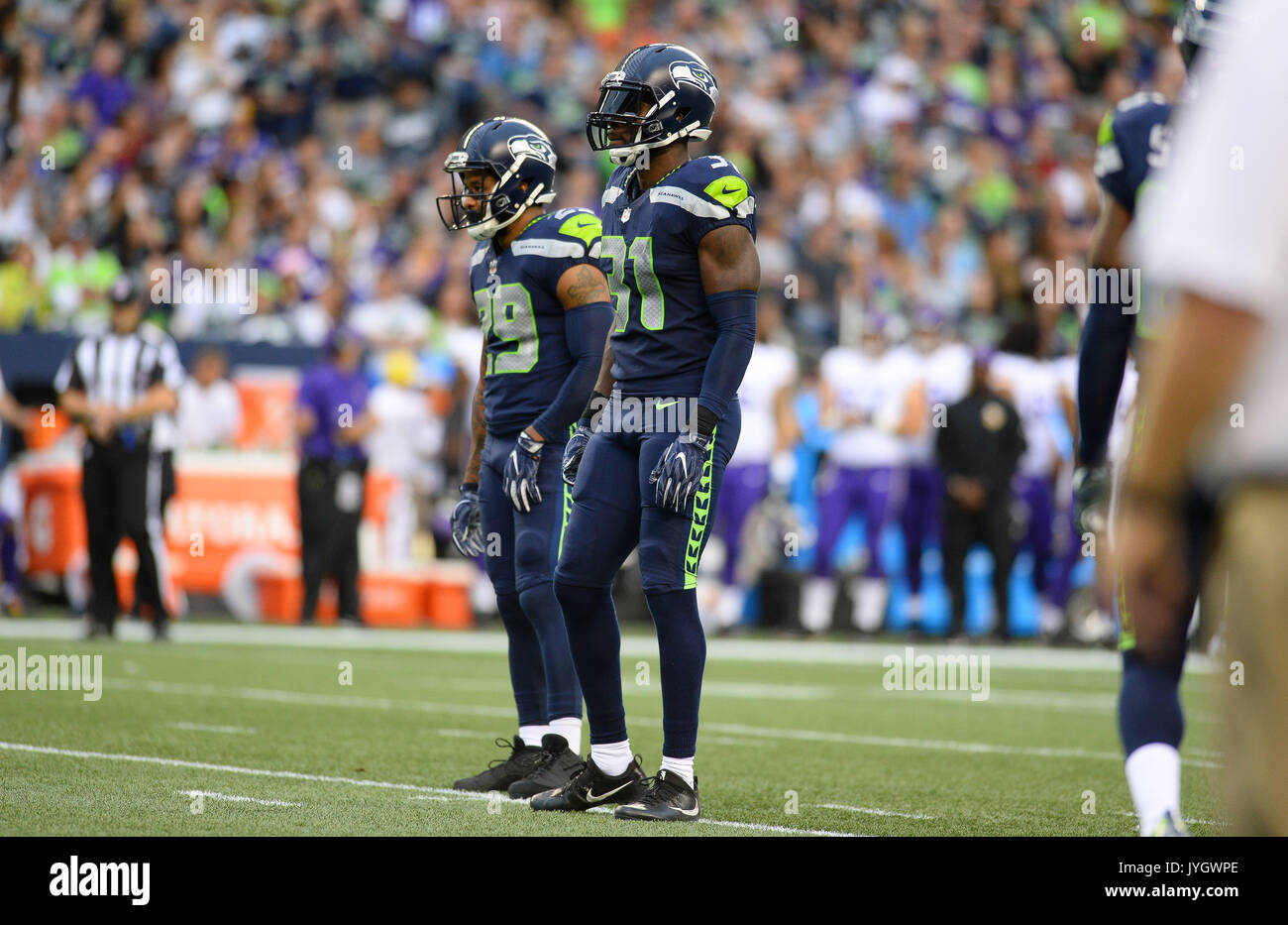 August 18, 2017: Kam Chancellor (31) and Earl Thomas (29) during a NFL pre-season game between the Seattle Seahawks and the Minnesota Vikings. The game was played at Century Link Field in Seattle, WA. © Jeff Halstead / CSM Stock Photo
