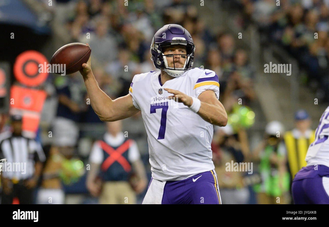 August 18, 2017: Quarterback Case Keenum (7) in action during an NFL pre-season game between the Seattle Seahawks and the Minnesota Vikings. The game was played at Century Link Field in Seattle, WA. © Jeff Halstead / CSM Stock Photo