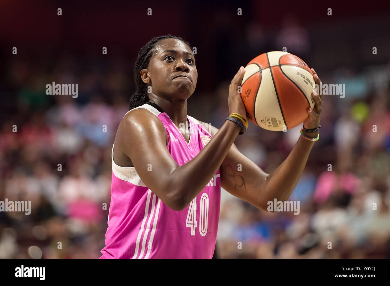 Uncasville, Connecticut, USA. 18 August, 2017. Connecticut Sun guard Shekinna Stricklen (40) at the free throw line during the WNBA basketball game between the New York Liberty and the Connecticut Sun at Mohegan Sun Arena. New York defeated Connecticut 82-70. Chris Poss/Alamy Live News Stock Photo