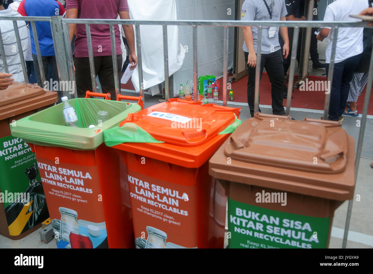 Recycling trash bins at many location around the national stadium during the opening ceremony of 29th SEA games. Credit: Calvin Chan/Alamy Live News Stock Photo