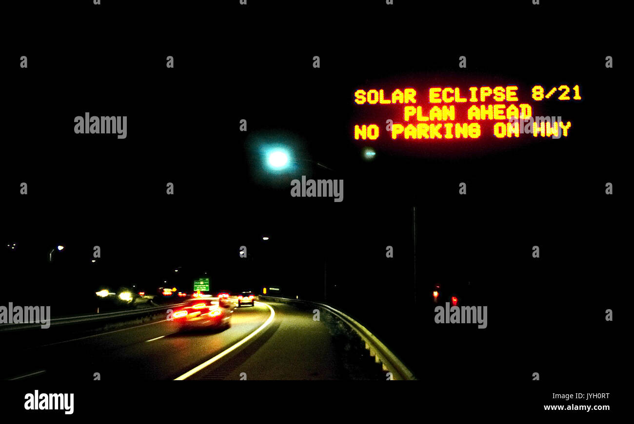 Electronic Sign on Interstate 68 near Cumberland, Maryland, warns motorists to be prepared for unusual traffic situations on Monday, August 21, 2017, the day of the solar eclipse. Stock Photo