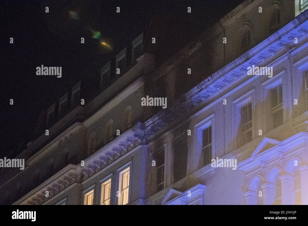 London, UK. 19th Aug, 2017. Eight fire engines and 58 firefighters were called to a flat fire on Kensington Gardens Square in Bayswater. The fire gutted two flats - one on the third floor and one on the fourth floor of the converted five storey mid-terraced town house. Credit: Peter Manning/Alamy Live News Stock Photo