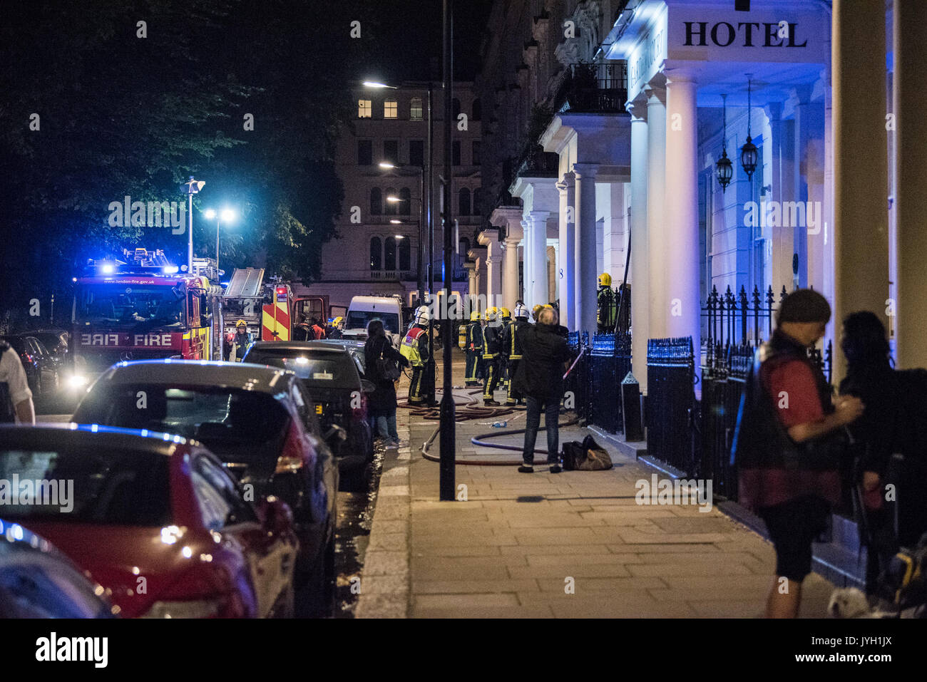 London, UK. 19th Aug, 2017. Eight fire engines and 58 firefighters were called to a flat fire on Kensington Gardens Square in Bayswater. The fire gutted two flats - one on the third floor and one on the fourth floor of the converted five storey mid-terraced town house. Credit: Peter Manning/Alamy Live News Stock Photo