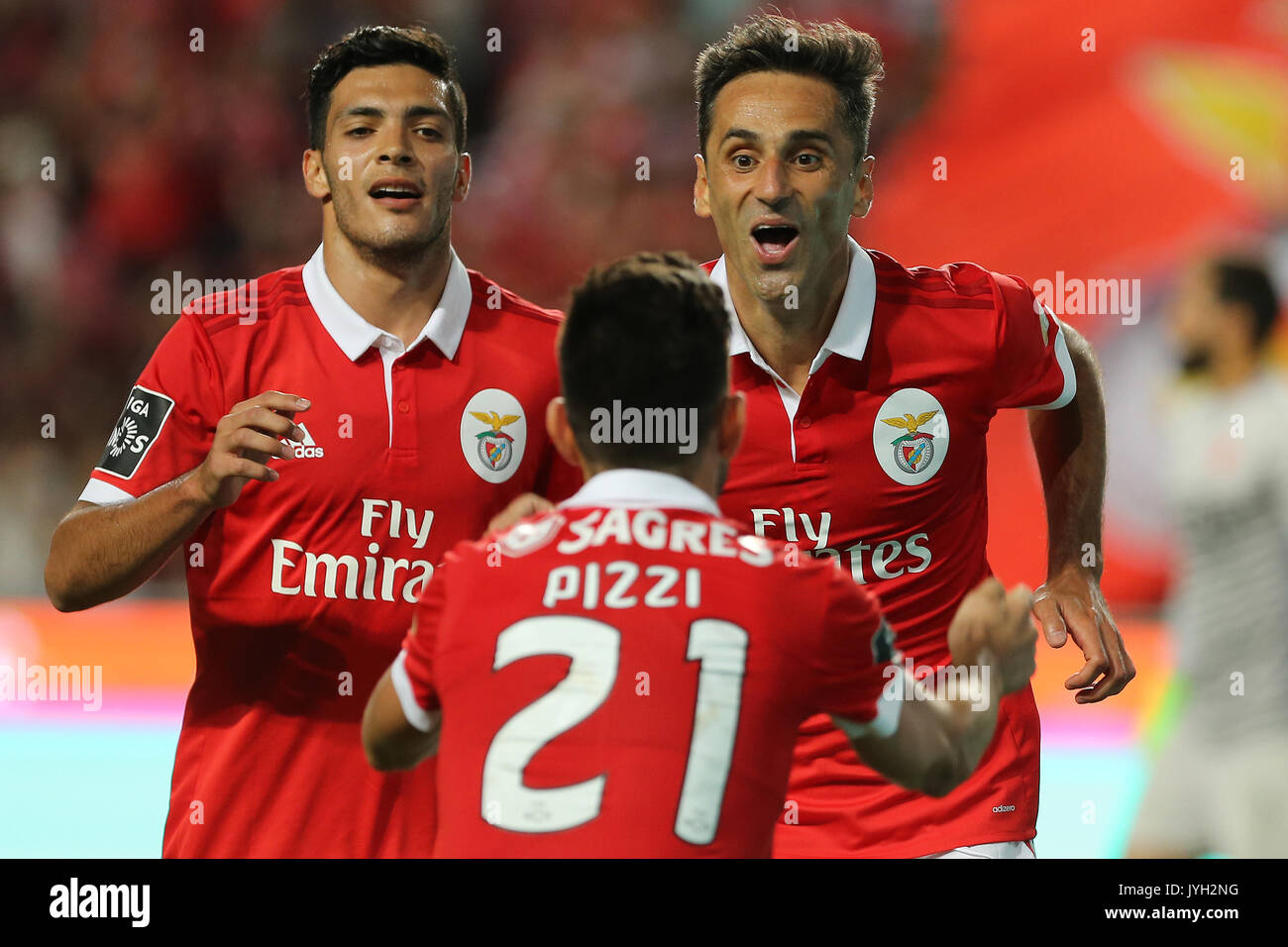 Lisbon, Portugal. 19th Aug, 2017. Benfica's forward Jonas from Brazil (R)  celebrating with Benfica's midfielder Pizzi from Portugal after scoring a  goal during the Premier League 2017/18 match between SL Benfica v