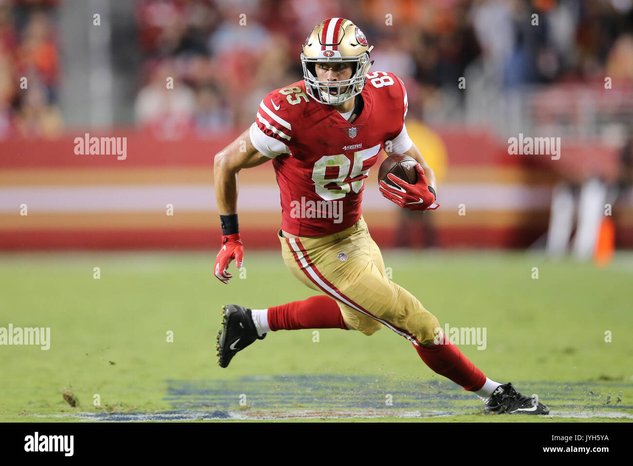 August 19, 2017: San Francisco 49ers tight end George Kittle (85) runs for  a big gain after the catch in the game between the Denver Broncos and San  Francisco 49ers, Levi Stadium,