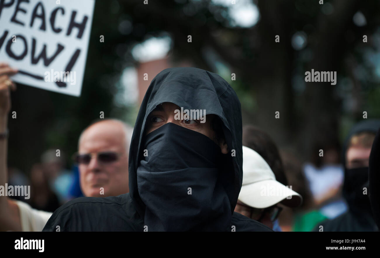 Boston, USA. 19th Aug, 2017. Boston police estimated that up to 40,000 demonstrators gathered at the center of the city at the Boston Common, the United States oldest public park, as a counter protest to a “free speech rally” that was rumored to be attended by white-supremacist groups and individuals involved in the Charlottesville, VA., demonstration that took the life 32-year-old Heather Heyer in August of 2017. The “free speech” rally was attended by less than 100 mostly right wing supporters of President Donald Trump. Credit: Chuck Nacke/Alamy Live News Stock Photo