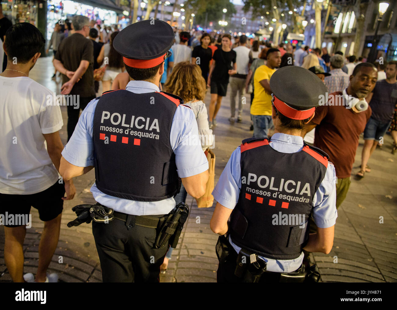 Barcelona, Spain. 19th Aug, 2017. Police patrol the Las Ramblas in Barcelona, Spain, 19 August 2017. Several people were killed and others injured in a terror attack on the popular Las Ramblas street in Barcelona on the 17 August 2017. Photo: Matthias Balk/dpa/Alamy Live News Stock Photo