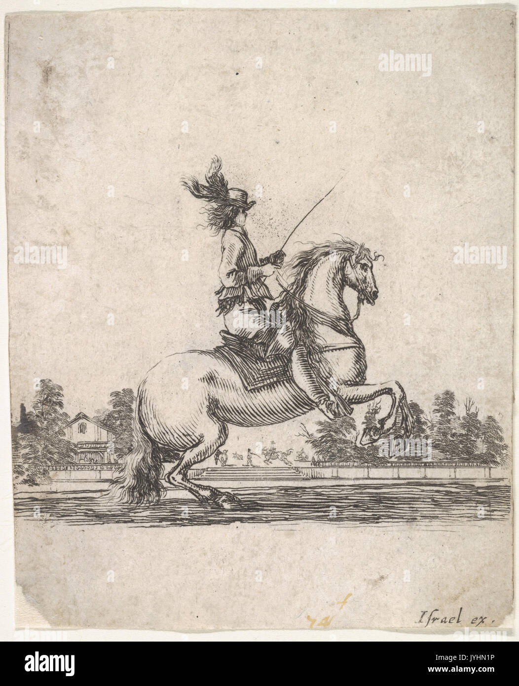 A horseman atop a rearing horse, in profile and turned towards the right, gardens in the background, from 'Various cavalry exercises' (Diverses exercices de cavalerie) MET DP833133 Stock Photo