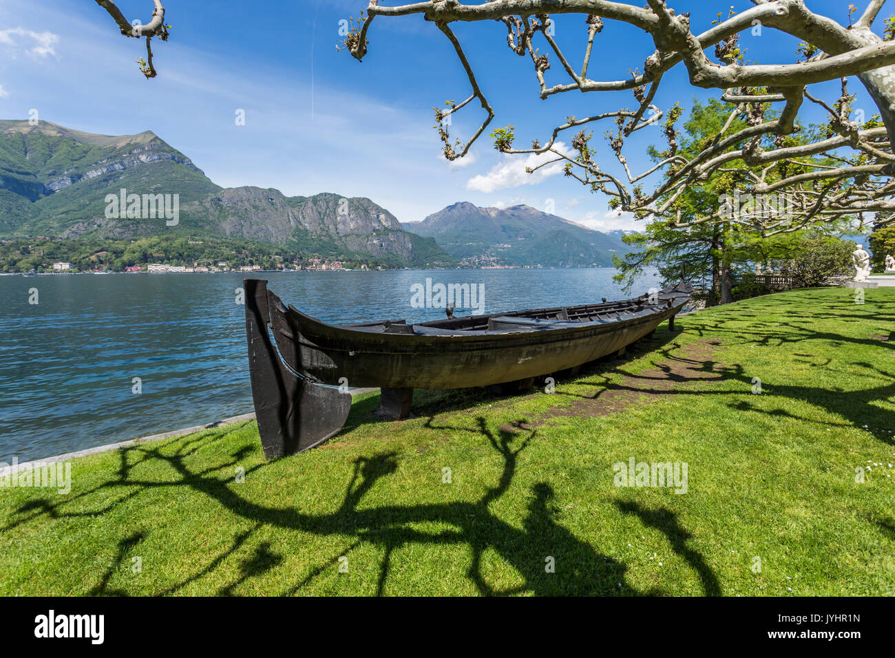 Old boat in the gardens of Villa Melzi d'Eril in Bellagio, Lombardy, Italy. Stock Photo