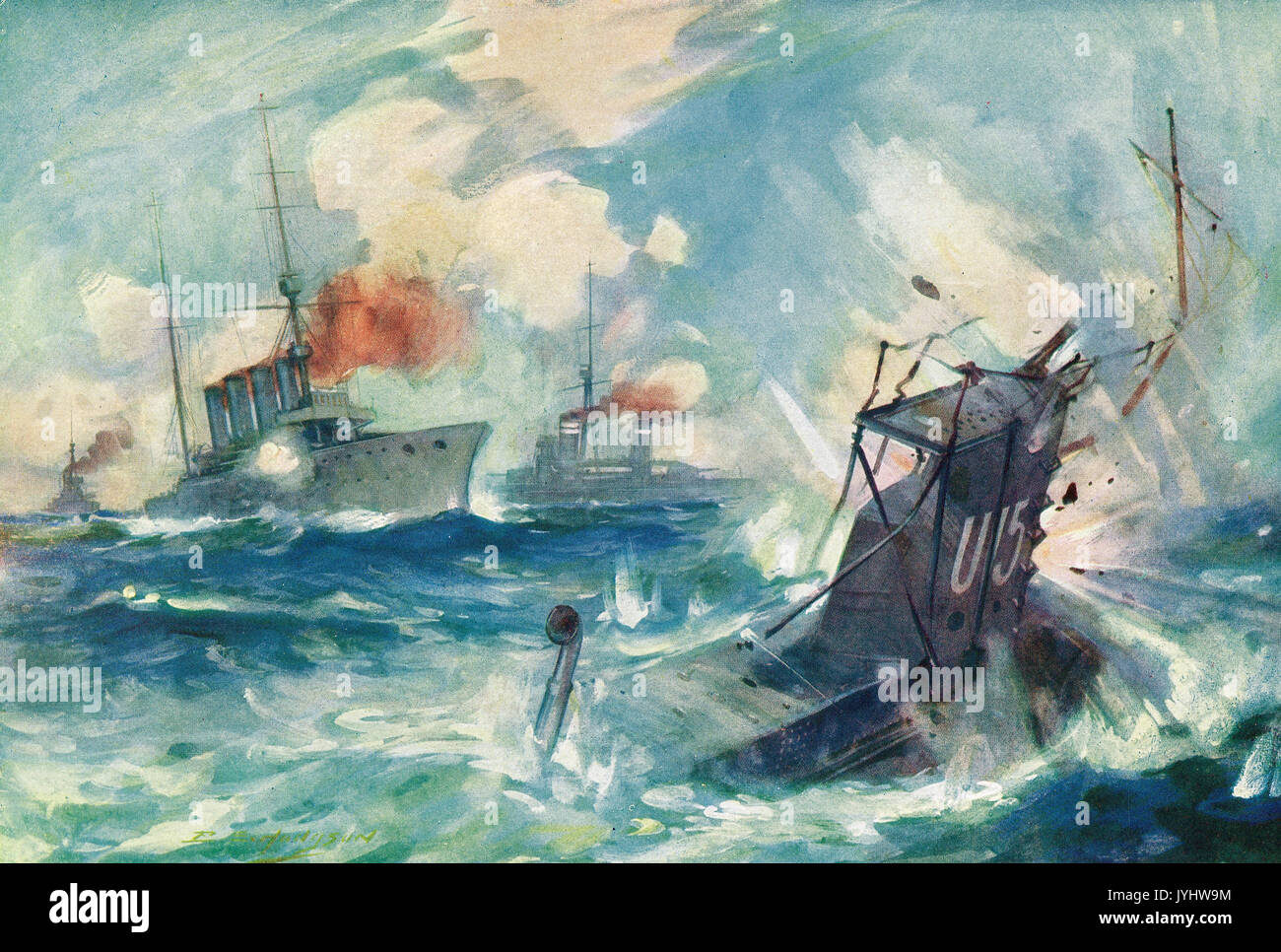 Sinking of u boat U15 by HMS Birmingham,  9 August 1914, WW1 Stock Photo
