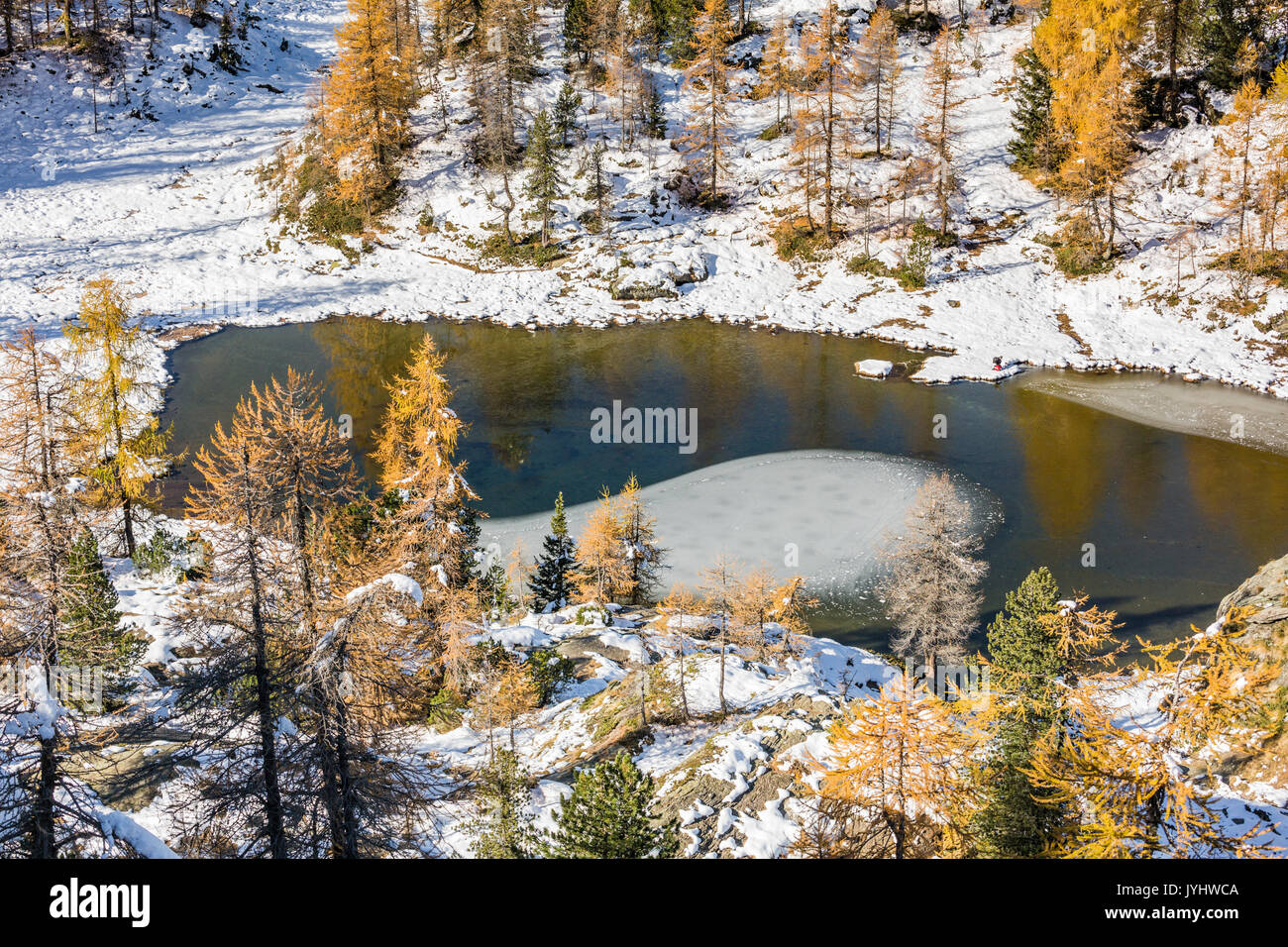 Aerial view of Mufule Lake surrounded by autumnal larches and snow ...