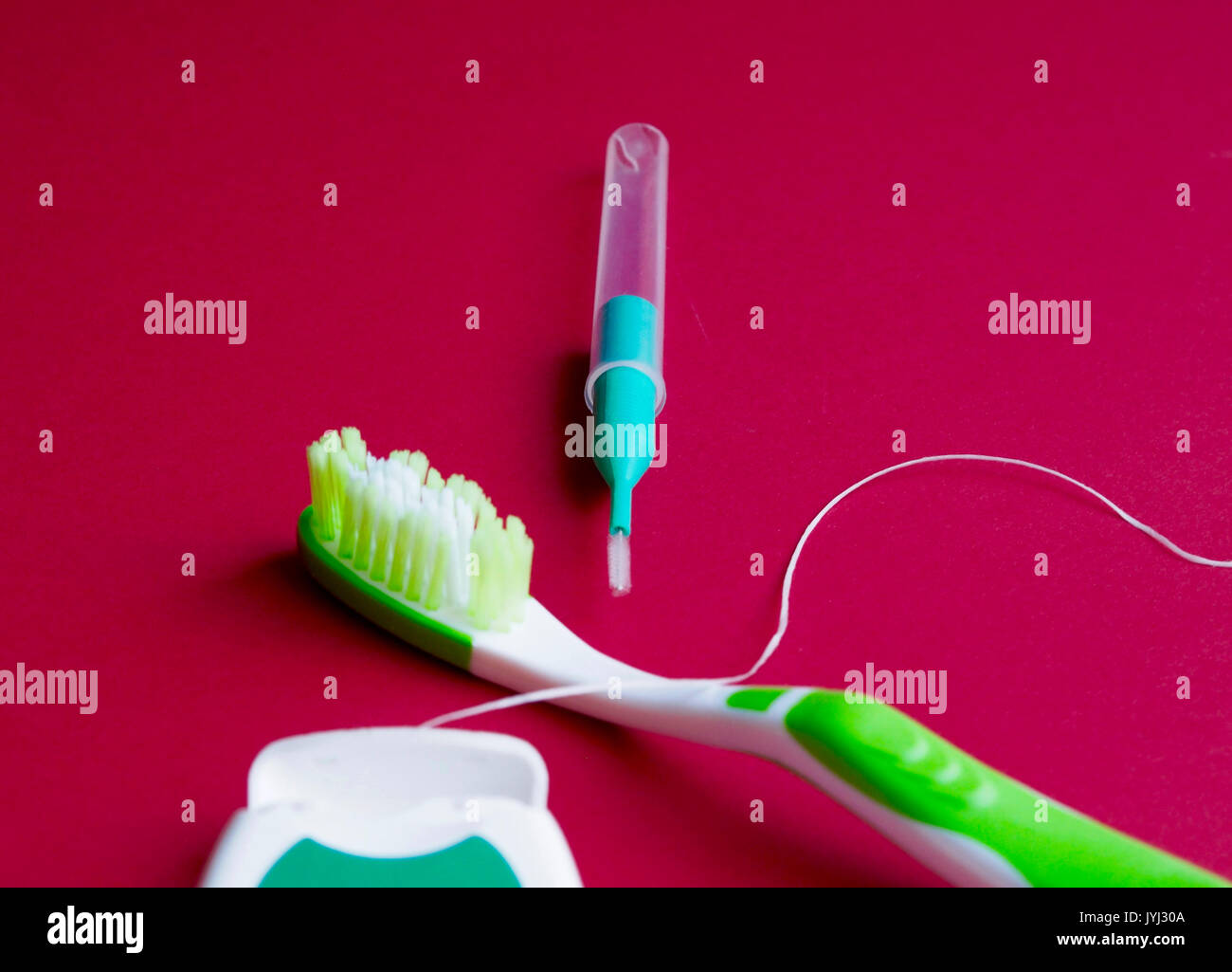 Dental floss, interdental brush and toothbrus Stock Photo Alamy
