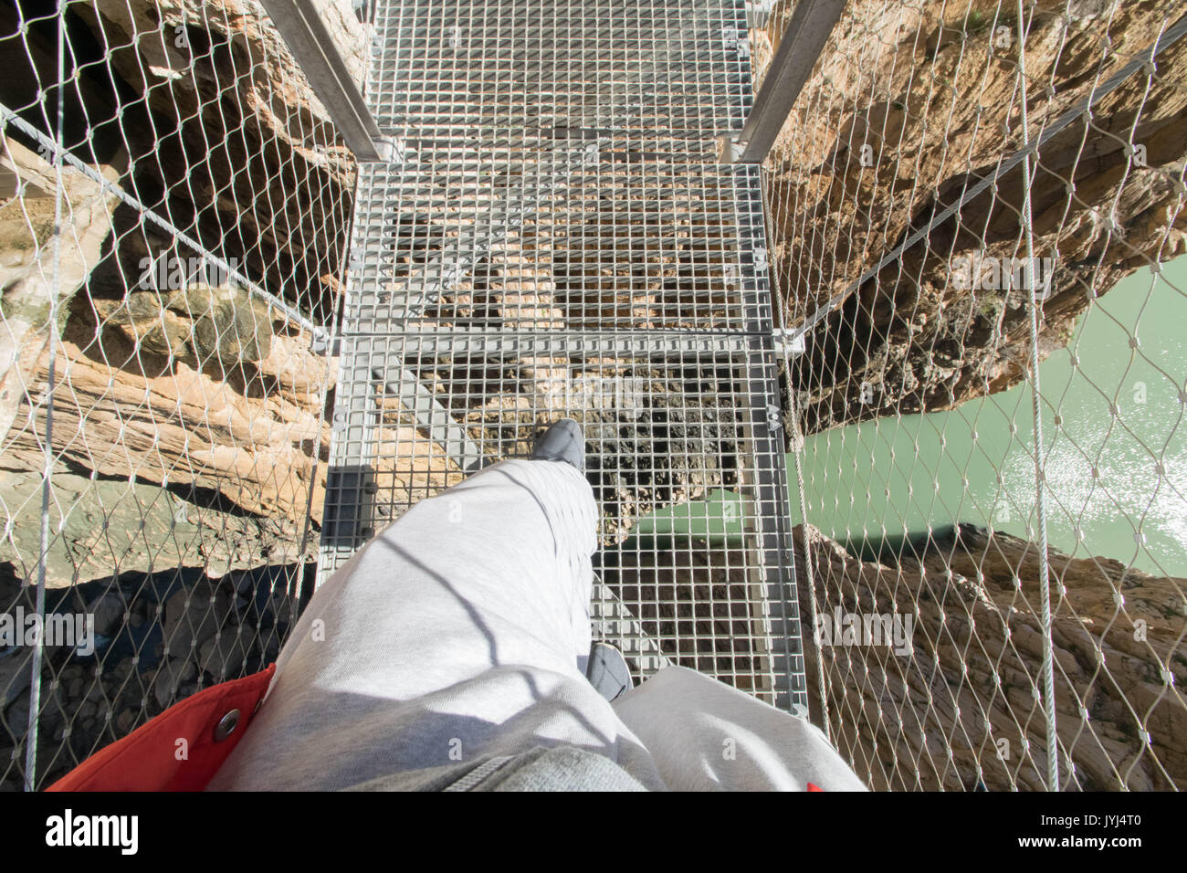 a shot of me crossing the gorge at El Camino Del Rey, Spain Stock Photo