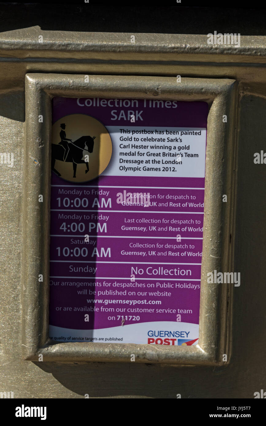 The Gold painted post box at the Sark Post Office in the Avenue on the