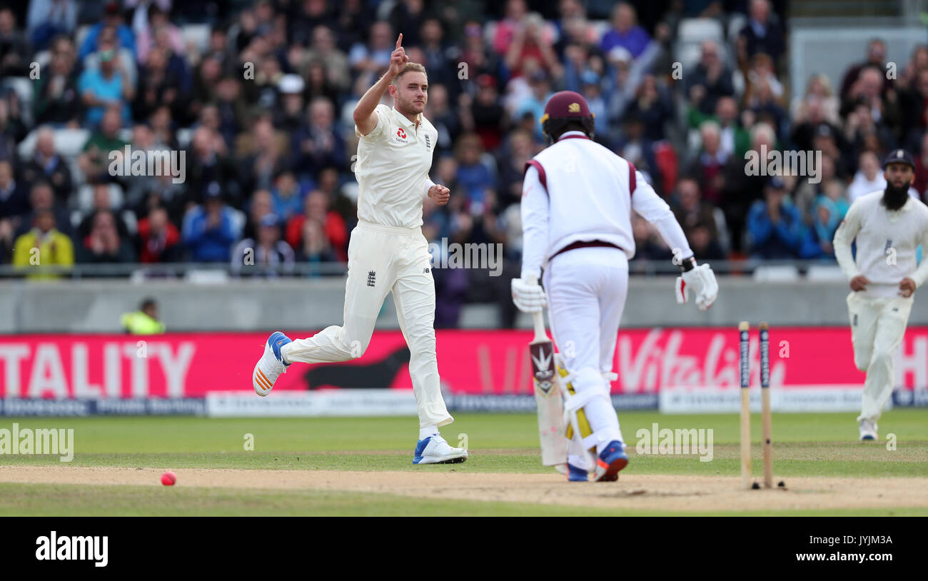 England's Stuart Broad celebrates bowling West Indies Kemar Roach during day three of the First Investec Test match at Edgbaston, Birmingham. PRESS ASSOCIATION Photo. Picture date: Saturday August 19, 2017. See PA story cricket England. Photo credit should read: David Davies/PA Wire. RESTRICTIONS: Editorial use only. No commercial use without prior written consent of the ECB. Still image use only. No moving images to emulate broadcast. No removing or obscuring of sponsor logos. Stock Photo