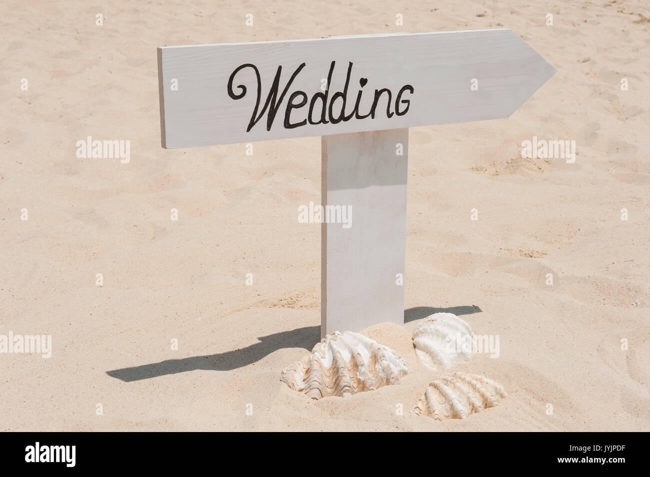 Wooden sign with wedding writing on it and shells in sand of tropical ...