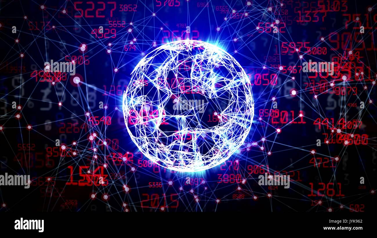 Abstract network sphere with moving numbers, lines and dots - seamless loop animation Stock Photo