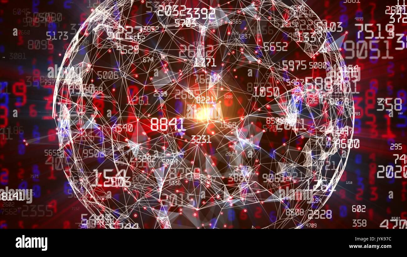 Abstract network sphere with moving numbers, lines and dots - seamless loop animation Stock Photo