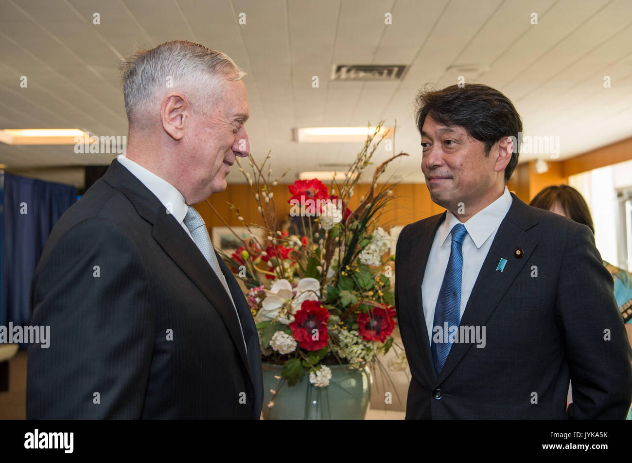 Secretary of Defense Jim Mattis greets Itsunori Onodera, Minister of Defense for Japan, Aug. 16, 2017, at the State Department in Washington, D.C., ahead of a U.S.-Japan Security Consultative Committee meeting. (DOD photo by Air Force Tech. Sgt. Brigitte N. Brantley) Stock Photo