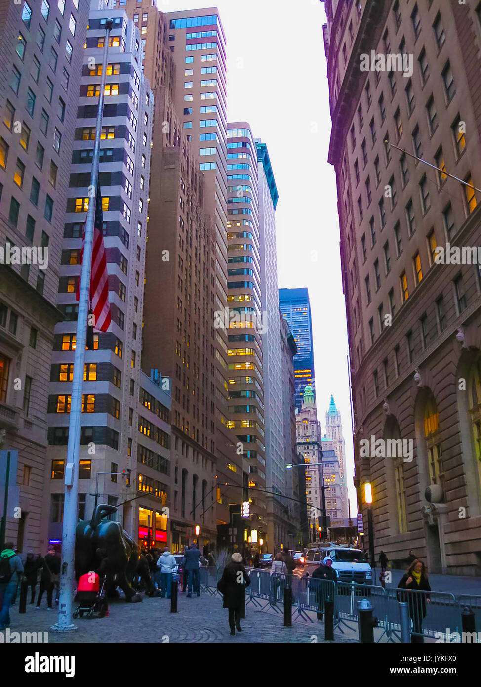 New York, USA - February 13, 2013: The landmark Charging Bull in Lower Manhattan represents aggressive financial optimism and prosperity Stock Photo