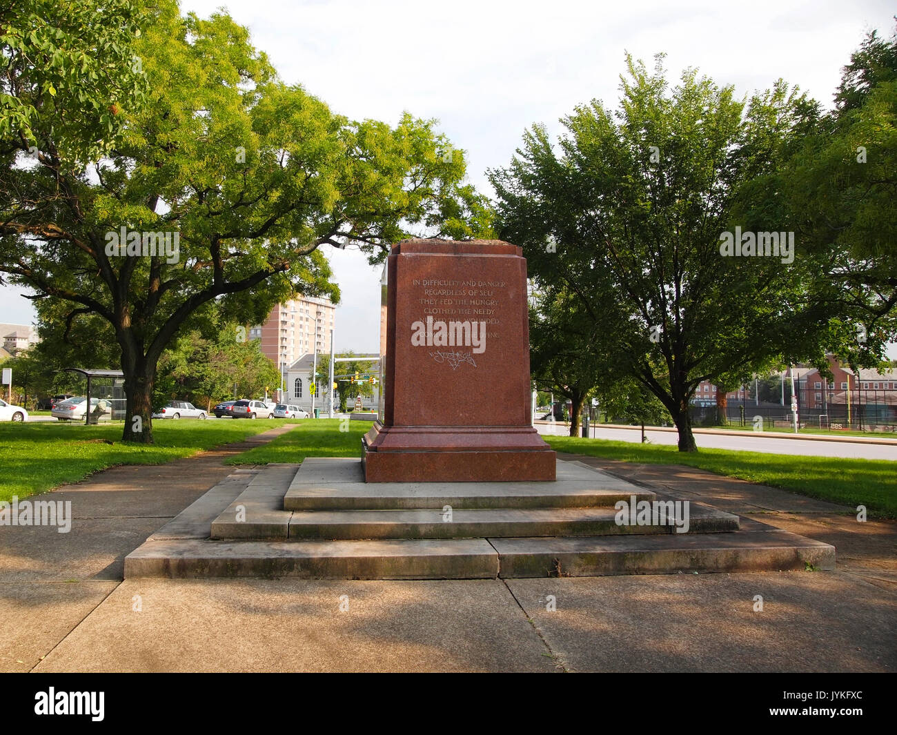 A marble pedestal that contained a Confederate Women's Memorial in Baltimore, MD that was removed during the night of August 15th - 16th, 2017 stands  Stock Photo