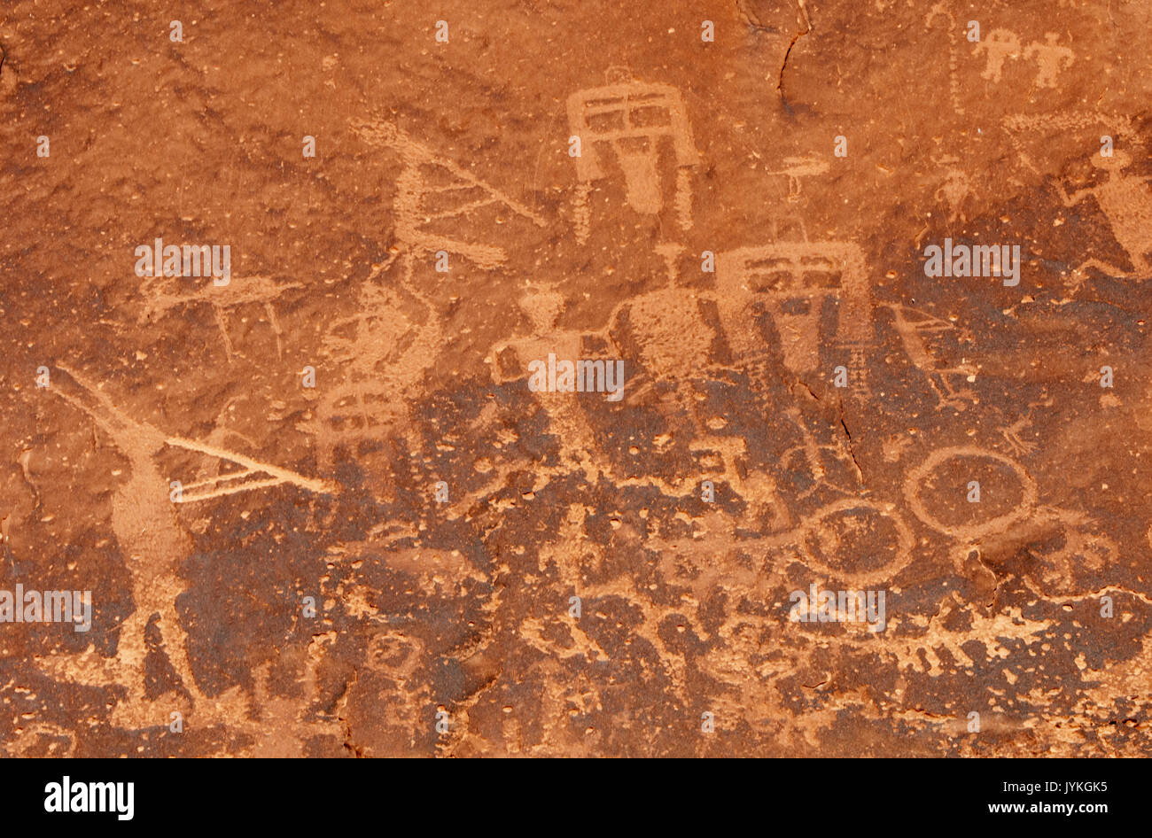 North America; United States; Utah;  Bluff Area; Sand Island; San Juan River;  Desert;  Aboriginal Art; Anasazi or Pre-Puebloan; Petroglyphs; Kokopell Stock Photo