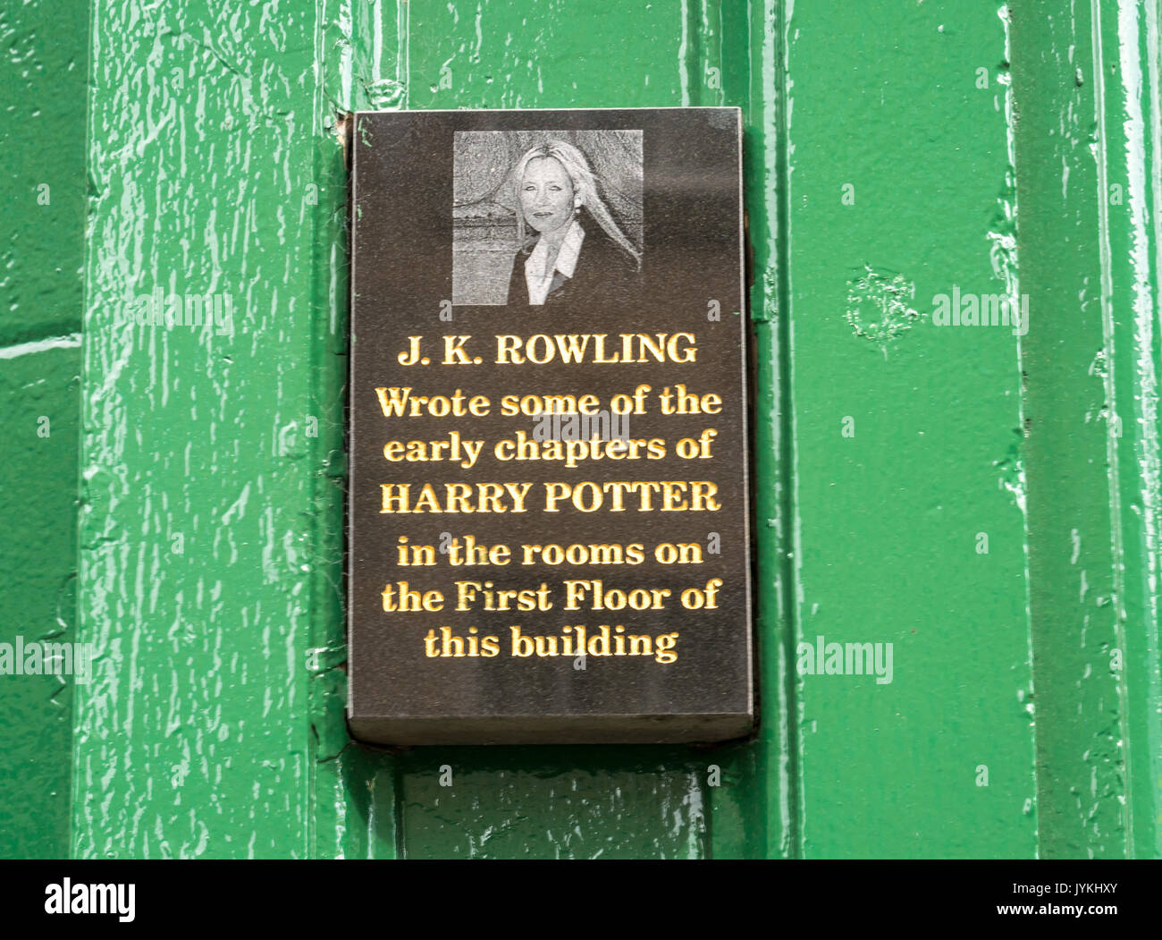 Plaque and photo of J K Rowling on Nicholson Street corner site of Nicholson Cafe where she wrote the first Harry Potter book The Philosopher's Stone Stock Photo