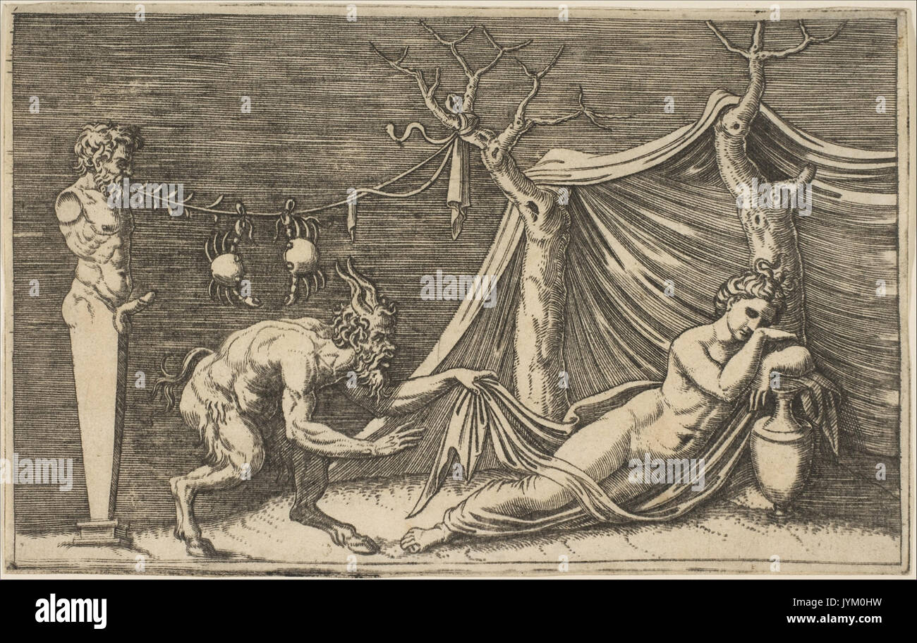 A satyr discovering a sleeping woman; two crabs hanging from a rope which is strung between a term and a tree MET DP818621 Stock Photo