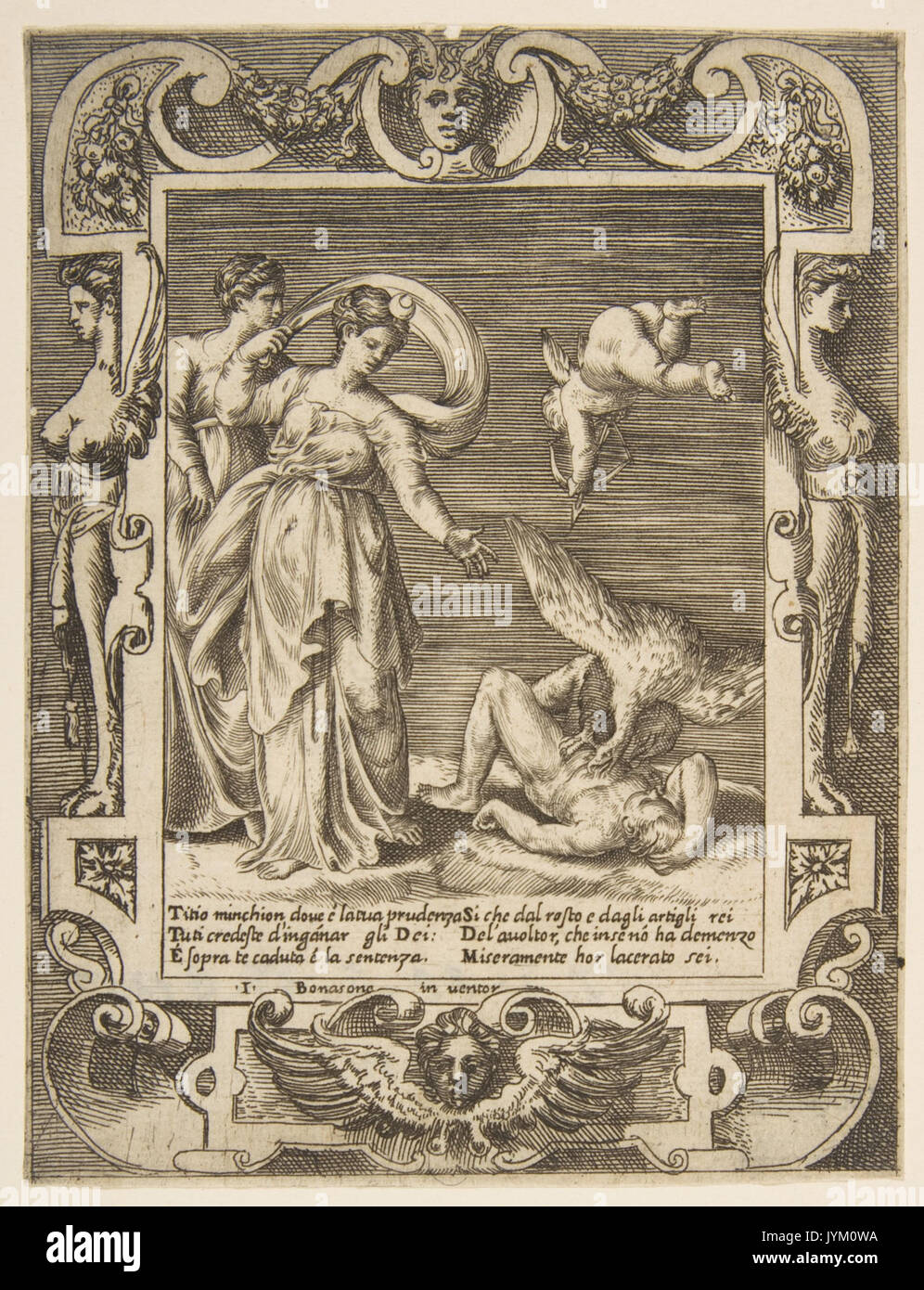 A vulture eating the innards of Titius, Cupid above two women to the left, set within and elaborate frame, from 'Loves, Rages and Jealousies of Juno' MET DP812648 Stock Photo